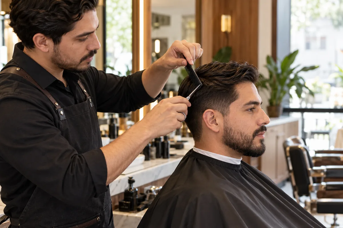 Estilista integrando el corte con el cabello de un cliente en una barbería luminosa de León
