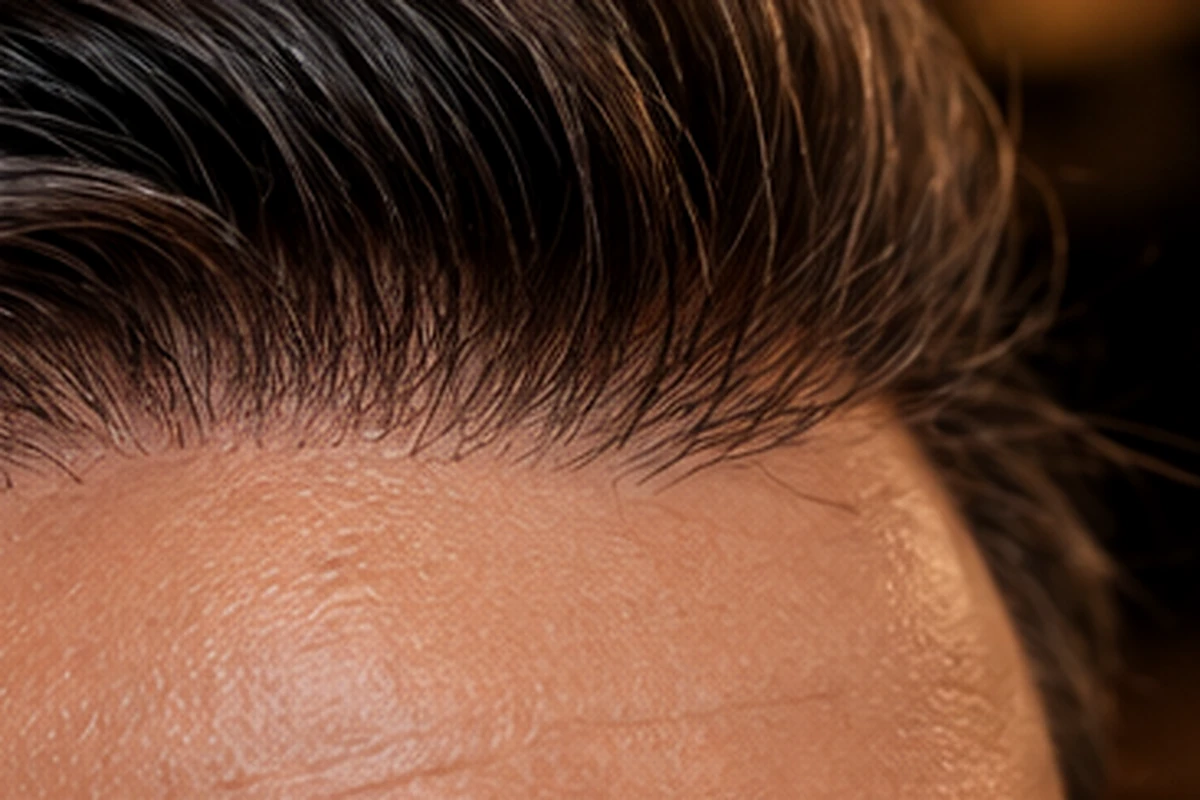 Primer plano de la línea frontal de una prótesis capilar con acabado natural