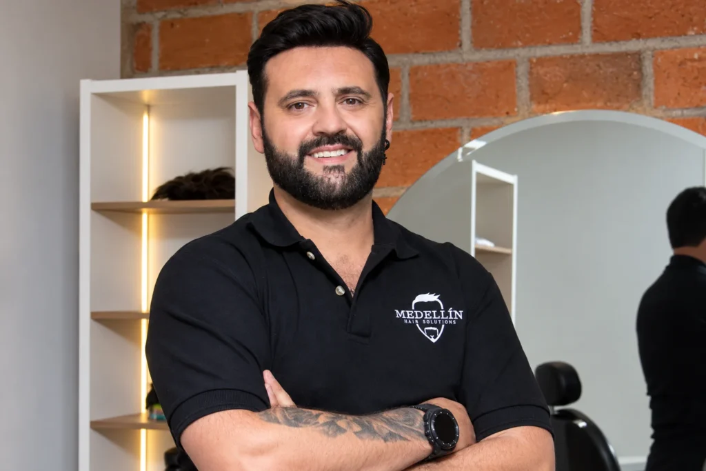 Octavio Medellín, propietario de Medellín Hair Solutions, sonriendo en su barbería de León